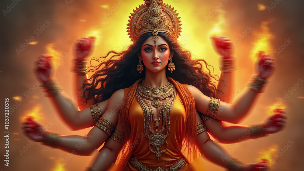 Fototapeta premium Durga Powerful Goddess with Multiple Arms in Fiery Background