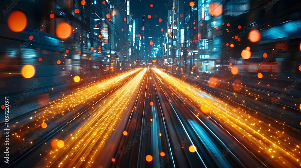 A futuristic city street at night with blurred lights and streaks of light creating a sense of speed and motion.