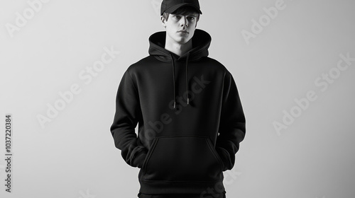 Young male in black hoodie and cap on neutral background