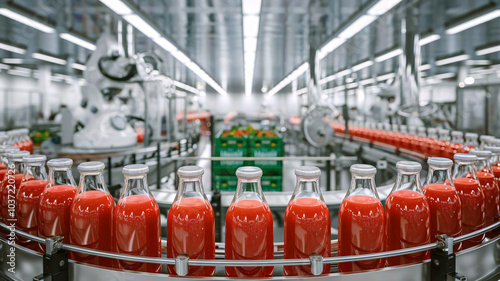 Strawberry juice bottles move along a conveyor belt in a factory