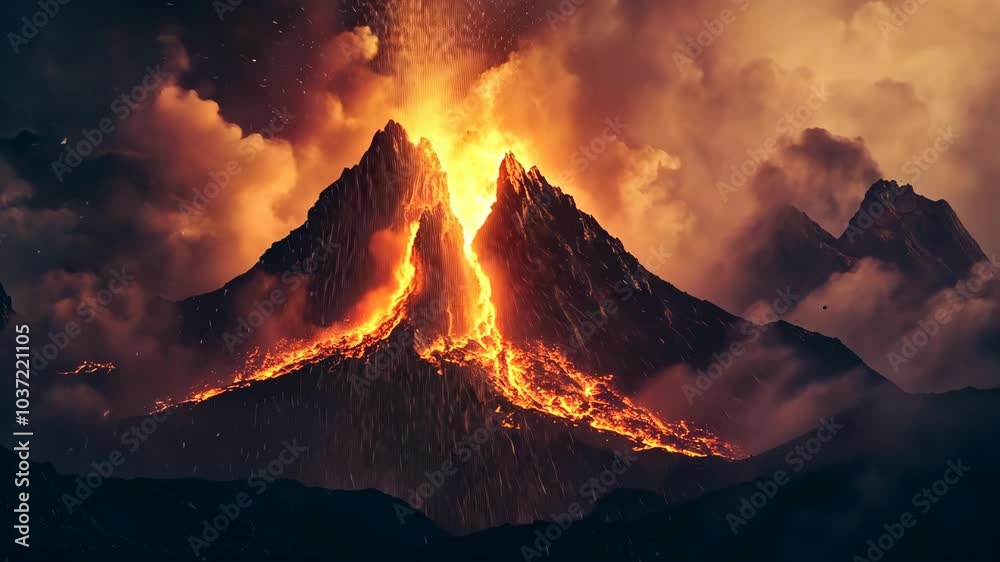 A fiery eruption illuminates the night sky as a volcano spews lava into ...