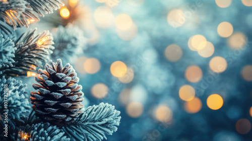 Frosty pine cone on evergreen branch with twinkling holiday lights background