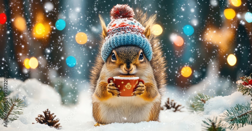 Cute Squirrel with Cocoa in Winter Forest. AI generated illustration. Cute Squirrel with Cocoa in Winter Forest. AI generated illustration.
