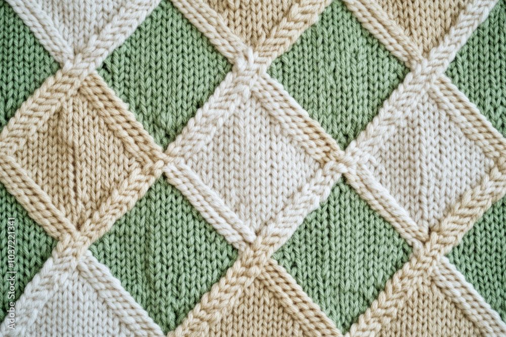 Fototapeta premium Knitted argyle pattern with green and beige rhombus design for textile and fashion inspiration
