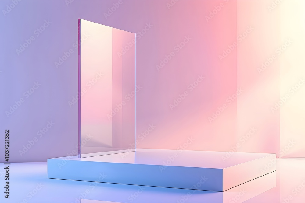 Empty transparent glass podium on light background. 3D render style. Modern product display. Cyber Monday, Black Friday, 11.11. Modern minimalistic platform for product presentation. Mockup for design Empty transparent glass podium on light background. 3D render style. Modern product display. Cyber Monday, Black Friday, 11.11. Modern minimalistic platform for product presentation. Mockup for design