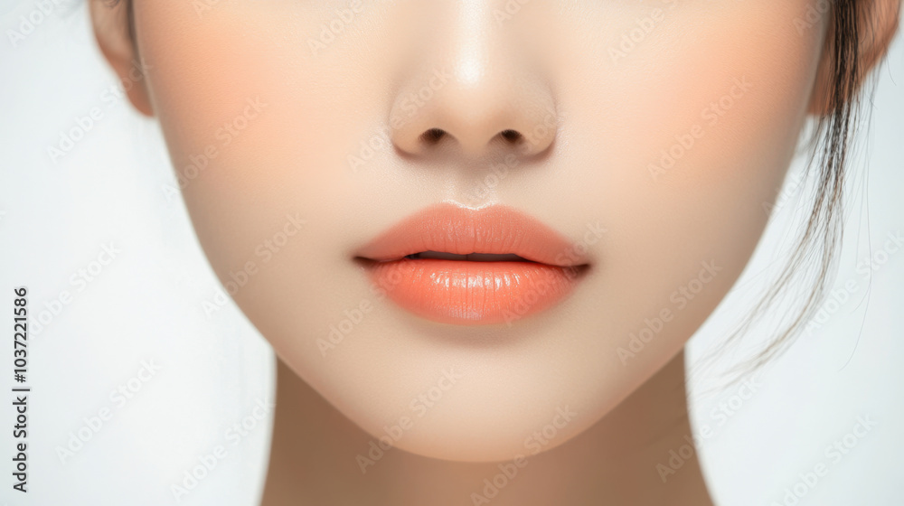 close up of Asian womans face showcasing clear skin and soft lips, radiating fresh and natural beauty. subtle makeup enhances her features beautifully close up of Asian womans face showcasing clear skin and soft lips, radiating fresh and natural beauty. subtle makeup enhances her features beautifully