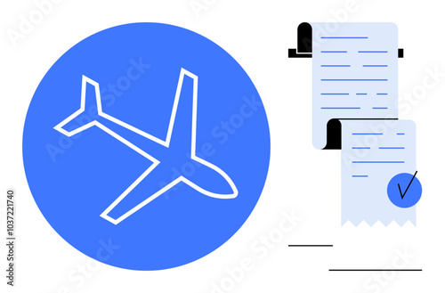 Blue circle with airplane symbol and two receipts with check marks. Ideal for travel, finance, business, expense management, record-keeping. Simple and modern style emphasizing clarity