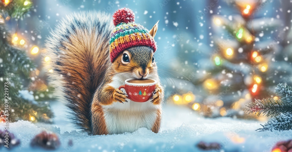Cute Squirrel with Cocoa in Winter Forest. AI generated illustration. Cute Squirrel with Cocoa in Winter Forest. AI generated illustration.