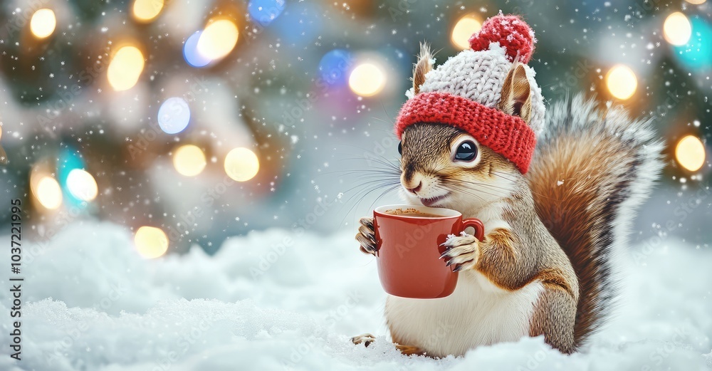 Cute Squirrel with Cocoa in Winter Forest. AI generated illustration. Cute Squirrel with Cocoa in Winter Forest. AI generated illustration.
