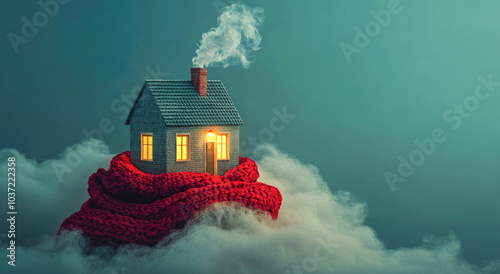 Cozy house wrapped in red scarf amidst clouds with warm light in nighttime scene photo