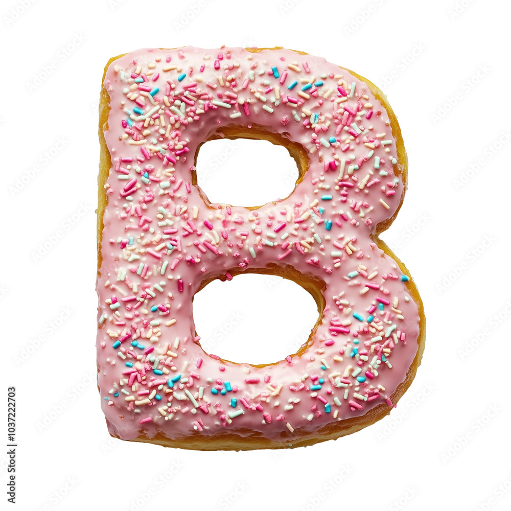 Letter B Doughnut with Pink Icing and Sprinkles Isolated on Transparent Background Letter B Doughnut with Pink Icing and Sprinkles Isolated on Transparent Background