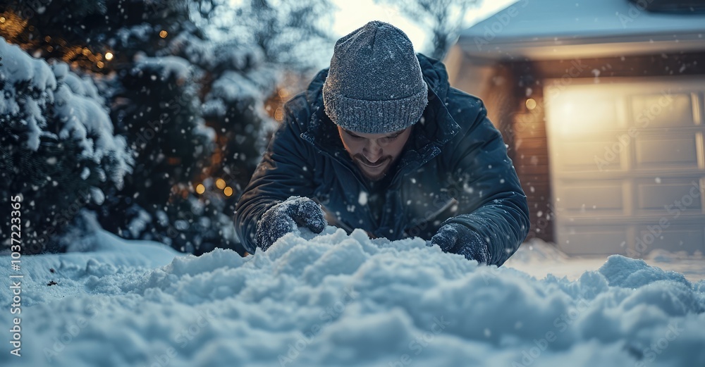 Person Clearing Snow on Driveway in the Morning. AI generated illustration.