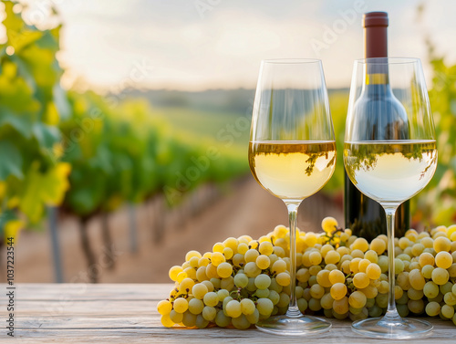 glasses of red and white wine and ripe grapes on table in vineyard  photo