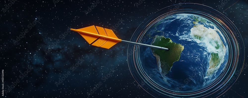 Naklejka premium An orange arrow is shown piercing the Earth in space with a starry background.