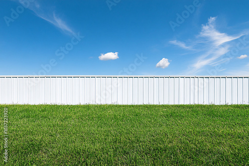 A simple landscape showing a bright blue sky with a few clouds, a long white fence, and a vibrant green grass field, representing a calm outdoor scene 