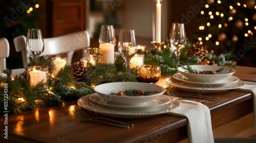 A festive tablescape with candles, evergreen branches, and elegant holiday dinnerware