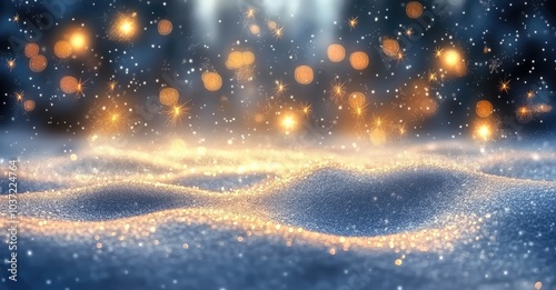 Abstract Winter Landscape with Snow and Golden Bokeh. AI generated illustration.