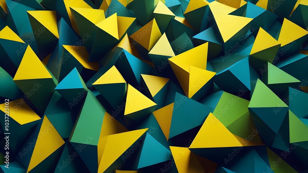 A vibrant abstract background with overlapping triangular shapes in green and yellow. The chaotic arrangement creates depth and dimension, giving a sense of complexity and visual energy A vibrant abstract background with overlapping triangular shapes in green and yellow. The chaotic arrangement creates depth and dimension, giving a sense of complexity and visual energy