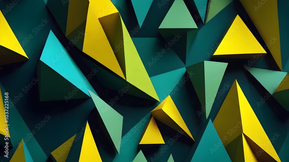 A vibrant abstract background with overlapping triangular shapes in green and yellow. The chaotic arrangement creates depth and dimension, giving a sense of complexity and visual energy A vibrant abstract background with overlapping triangular shapes in green and yellow. The chaotic arrangement creates depth and dimension, giving a sense of complexity and visual energy