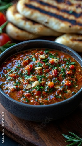 A bowl of romesco sauce with herbs. photo