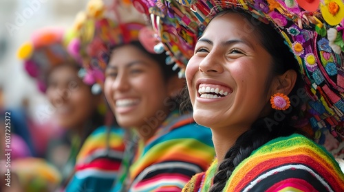 A group of friends in traditional Peruvian clothing, laughing as they participate in a lively parade during Inti Raymi, their faces full of joy and pride