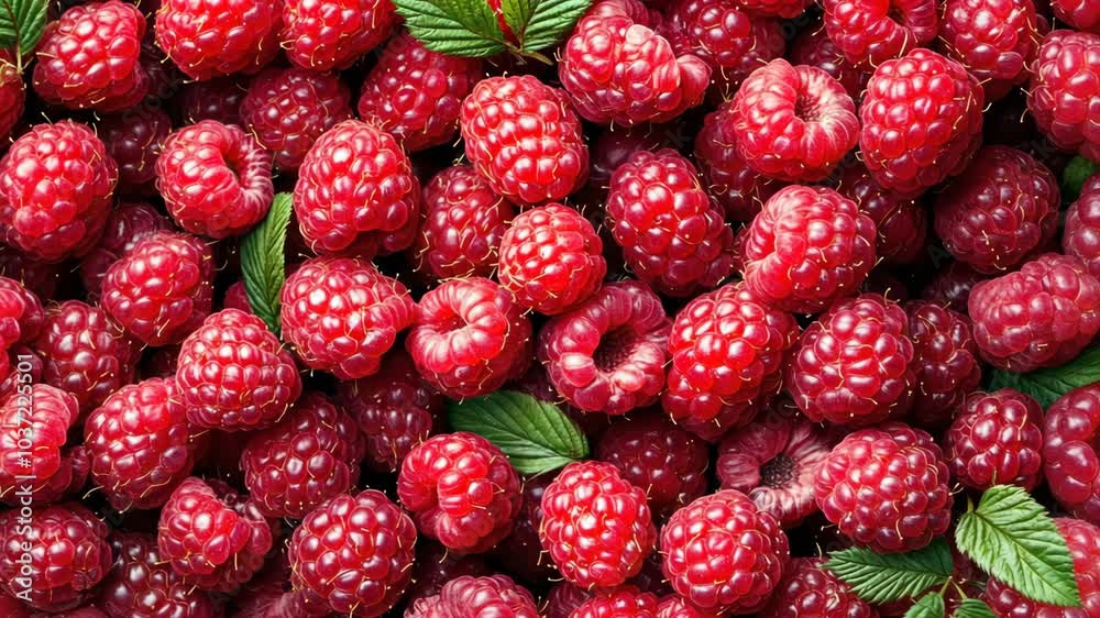 A close-up view of ripe raspberries with green leaves, perfect for a summer dessert A close-up view of ripe raspberries with green leaves, perfect for a summer dessert