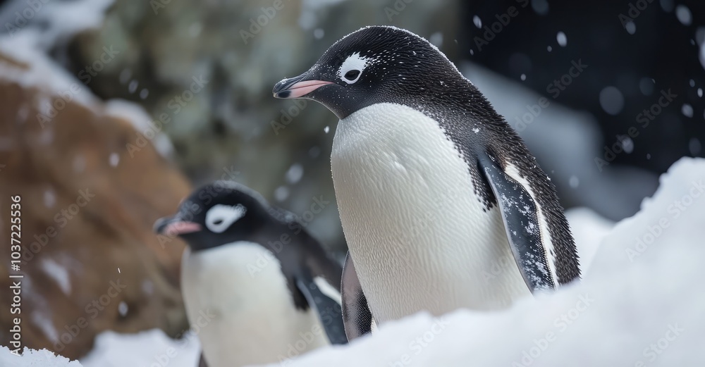 Obraz premium Active Penguins in Winter. AI generated illustration.