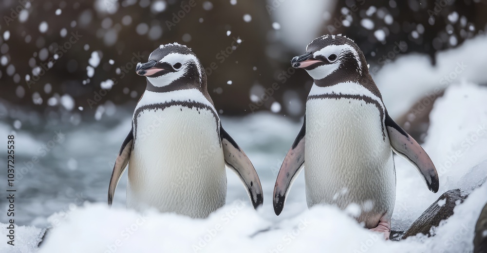 Fototapeta premium Active Penguins in Winter. AI generated illustration.