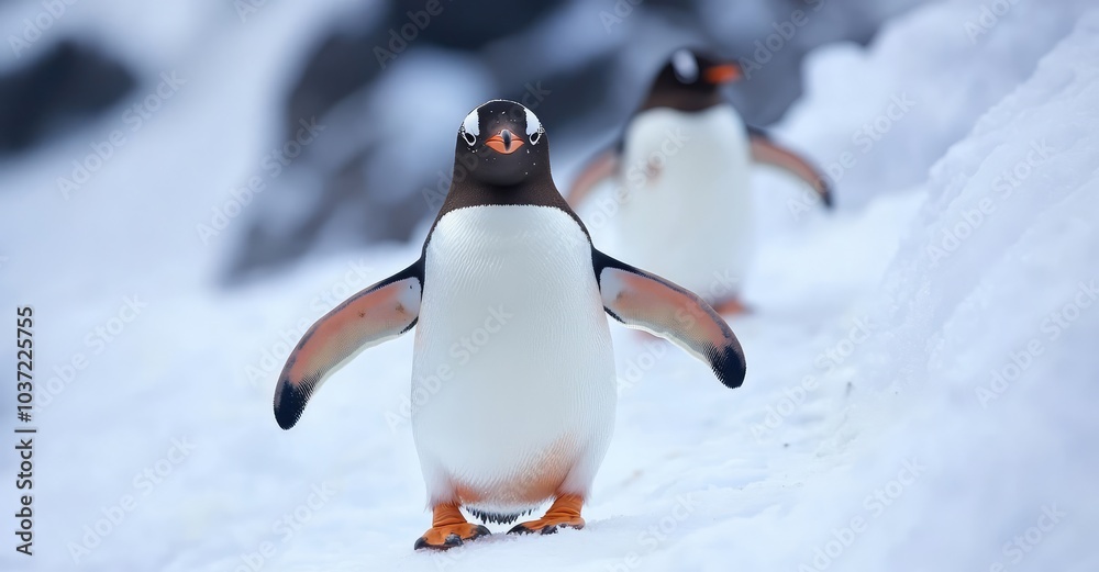 Obraz premium Active Penguins in Winter. AI generated illustration.