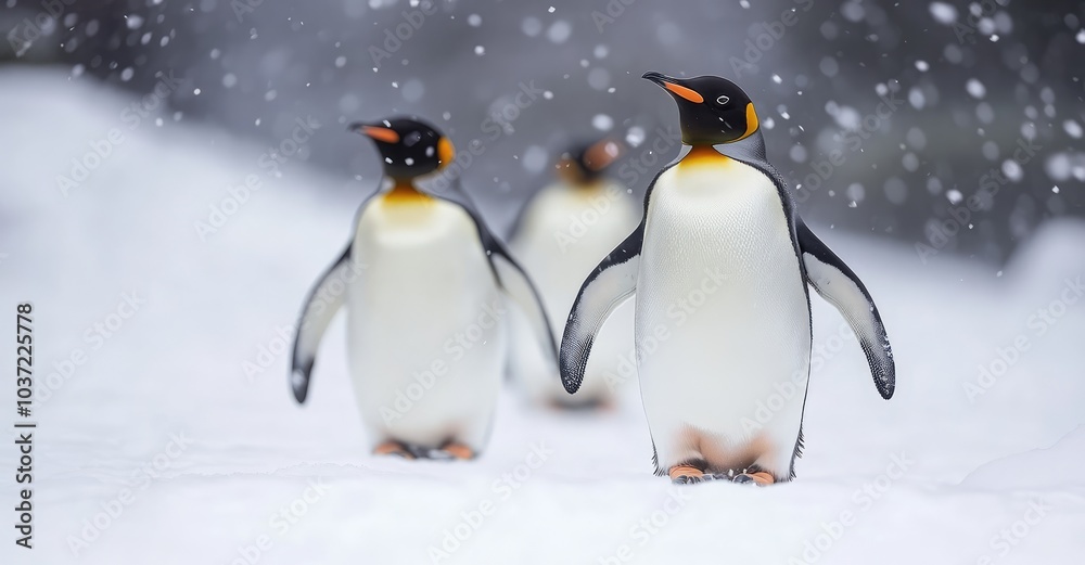 Fototapeta premium Active Penguins in Winter. AI generated illustration.