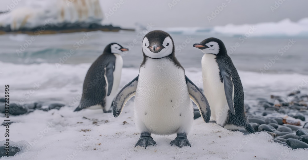 Obraz premium Active Penguins in Winter. AI generated illustration.