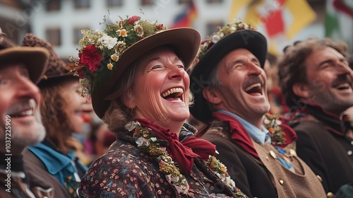 A group of people in traditional Swiss clothing, yodeling and laughing together during a lively Alpabzug festival, their faces full of joy and tradition photo