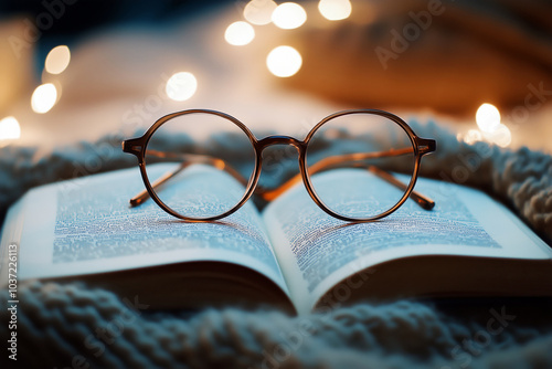 Close-up of vintage round glasses resting on an open book with a cozy background.