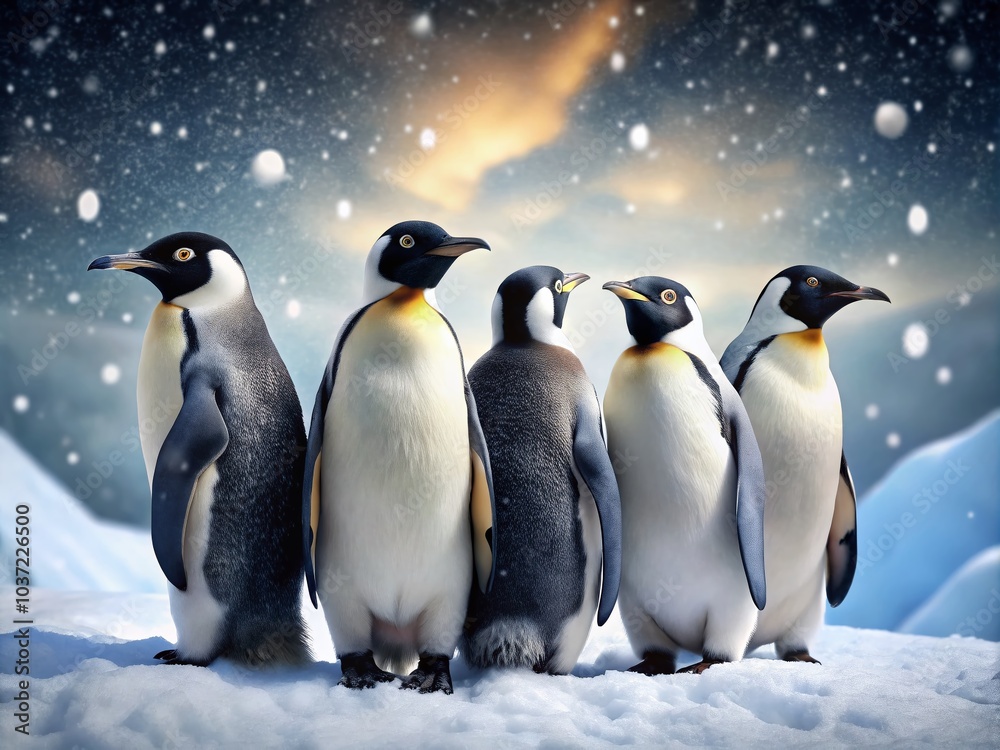 Fototapeta premium Five Penguins on a Snowy Landscape - Winter Wildlife Photography