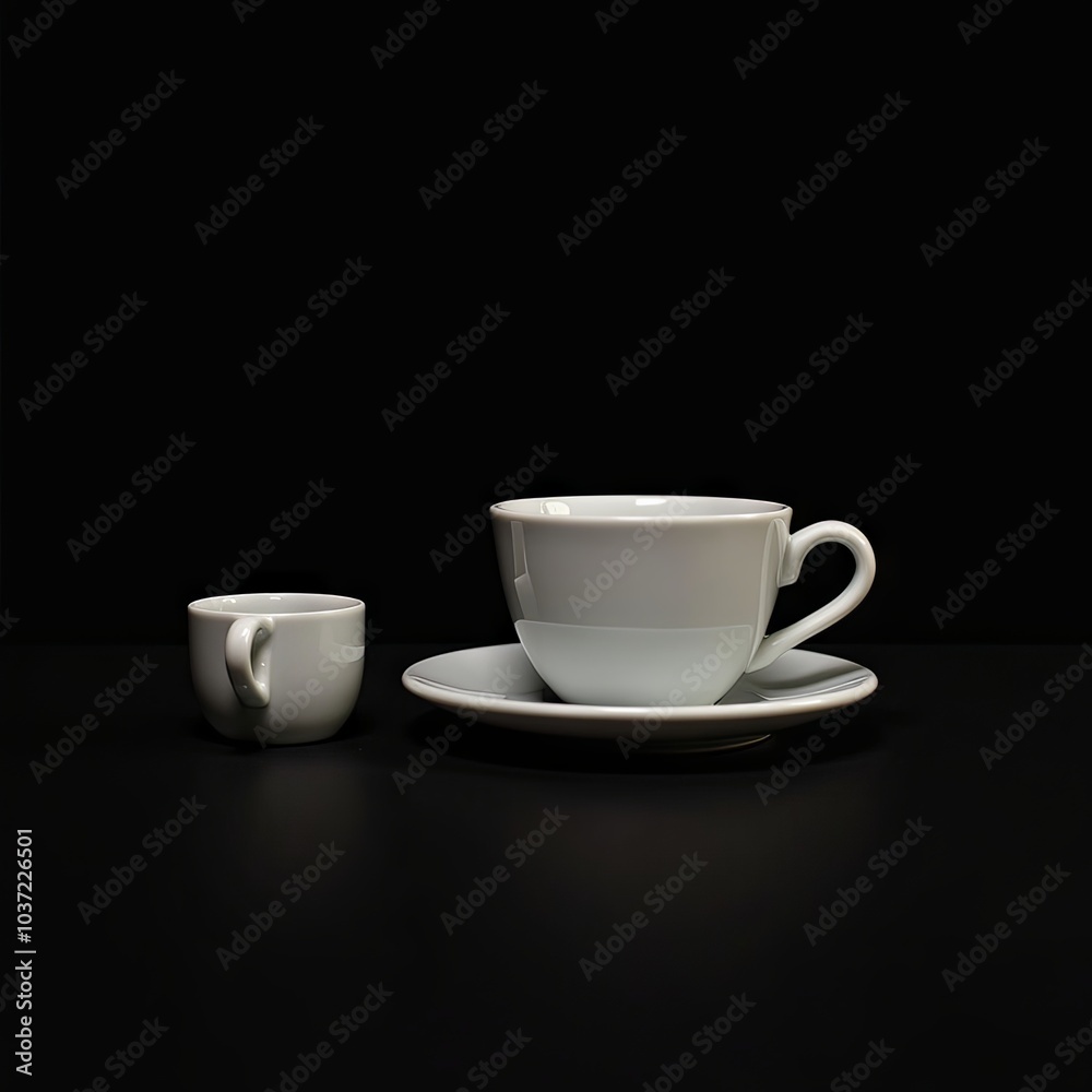 Generative, AI, two white cups on saucers against a black background, minimalist design, elegant simplicity.
Generative, AI, two white cups on saucers against a black background, minimalist design, elegant simplicity.