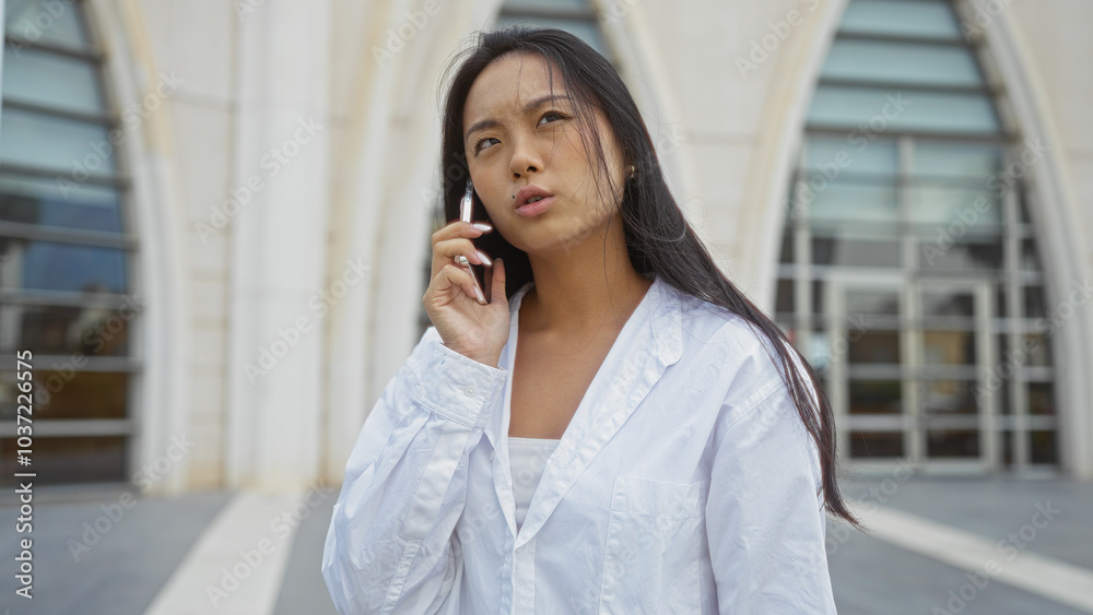 Young chinese woman talking on a phone outside in an urban city setting with modern buildings in the background, wearing a white shirt and looking thoughtful. Young chinese woman talking on a phone outside in an urban city setting with modern buildings in the background, wearing a white shirt and looking thoughtful.