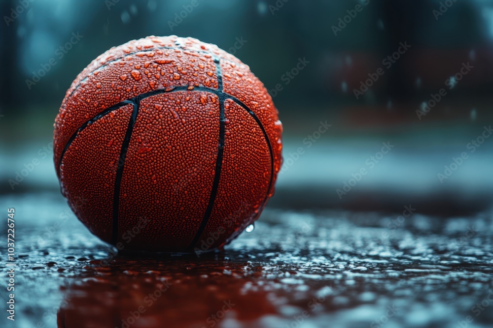 Basketball resting on a wet court during rain at dusk brings a moody atmosphere Basketball resting on a wet court during rain at dusk brings a moody atmosphere