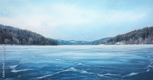 Blue Ice and Cracks on Frozen Lake in Winter. AI generated illustration.