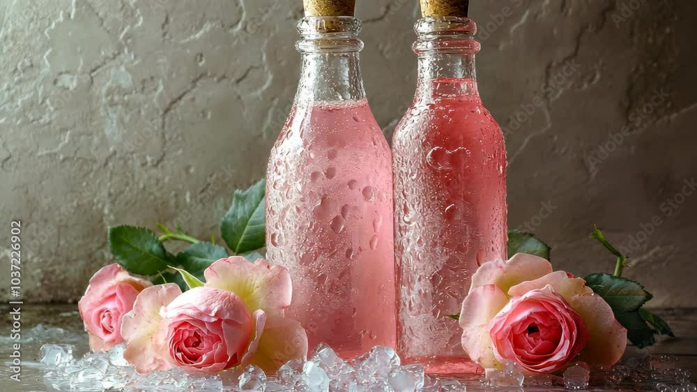 Two bottles of rosewater are pictured with fresh pink roses and ice
