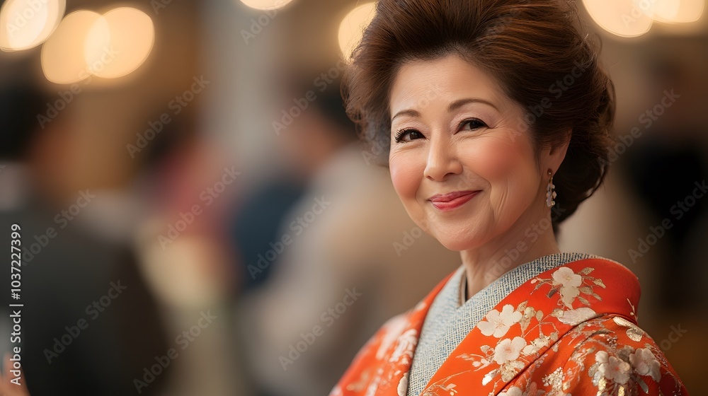 A woman in a traditional Japanese kimono, smiling gently as she shares a quiet conversation at a sophisticated party, her face full of grace and serenity A woman in a traditional Japanese kimono, smiling gently as she shares a quiet conversation at a sophisticated party, her face full of grace and serenity