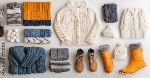 Bundle of Knitted Winter Clothes and Outerwear. AI generated illustration. photo