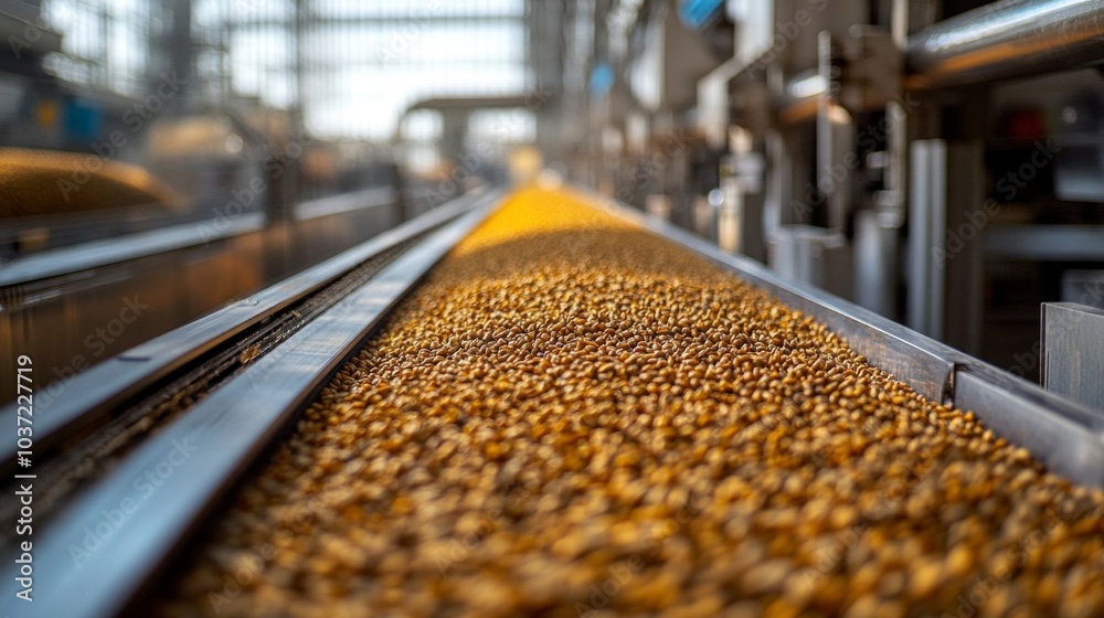 Triticale grains on a conveyor line. Triticale grains on a conveyor line.