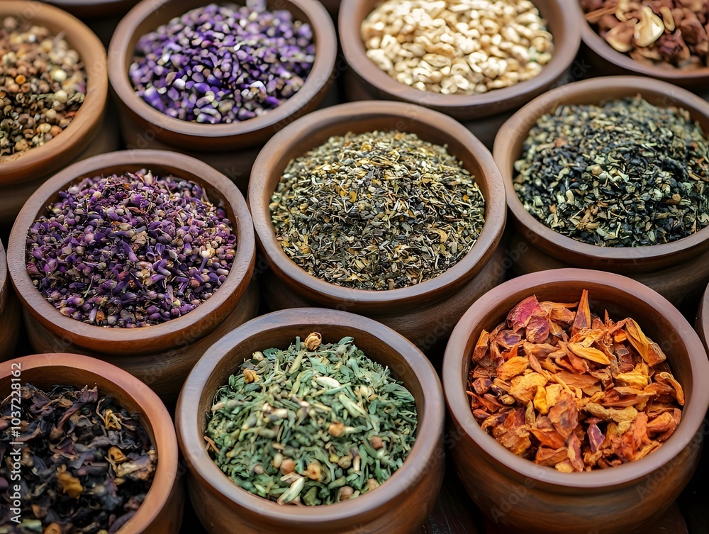 Assorted dried herbs in cups Assorted dried herbs in cups