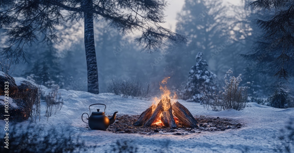 Campfire in Winter Forest with Teapot on Snow. AI generated illustration. Campfire in Winter Forest with Teapot on Snow. AI generated illustration.