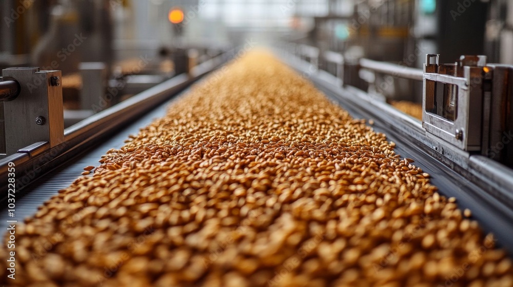 Wheat grains on a conveyor belt. Wheat grains on a conveyor belt.