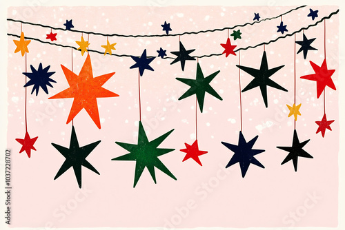 Festive decorative stars in vibrant colors hanging above a soft pastel background during a joyful celebration photo