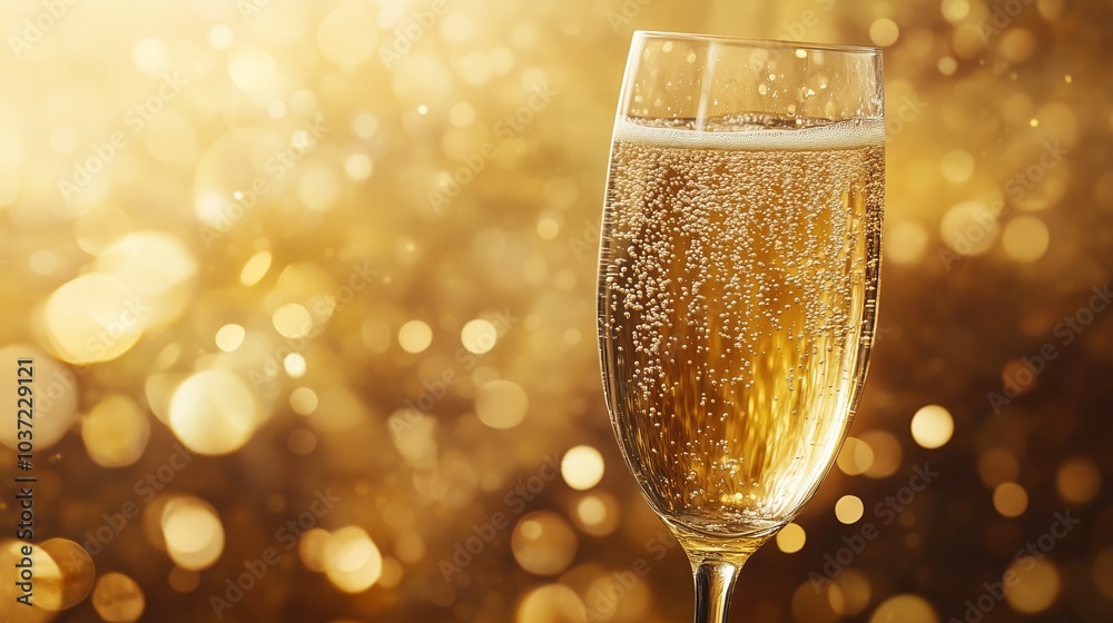 A champagne glass filled with bubbles shines against a golden background, evoking celebration and joy.