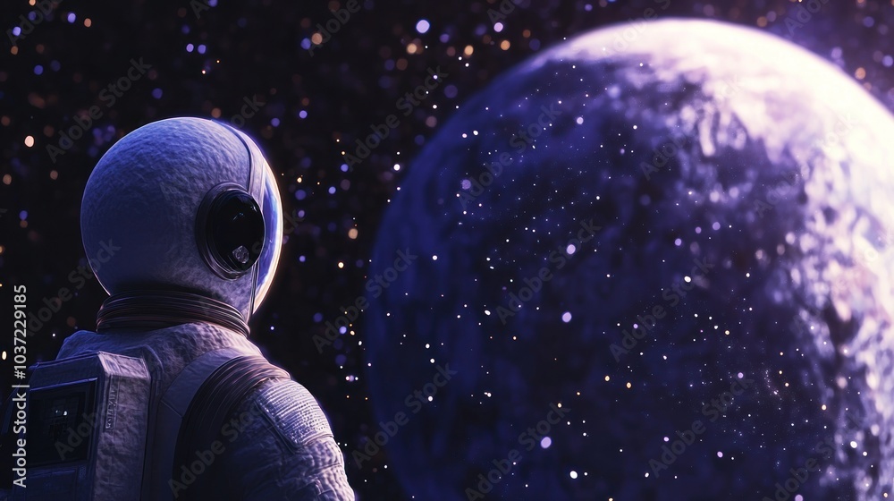 An astronaut gazes at a distant planet in a starry space scene. An astronaut gazes at a distant planet in a starry space scene.
