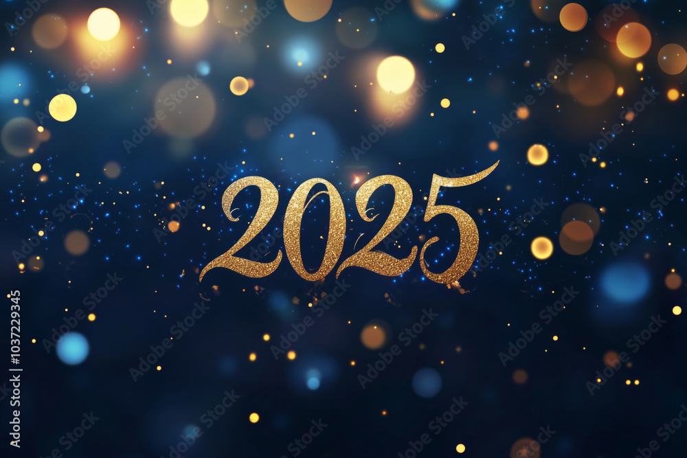 Naklejka premium Golden 2025 text on an abstract festive background in blue colors with glowing bokeh lights