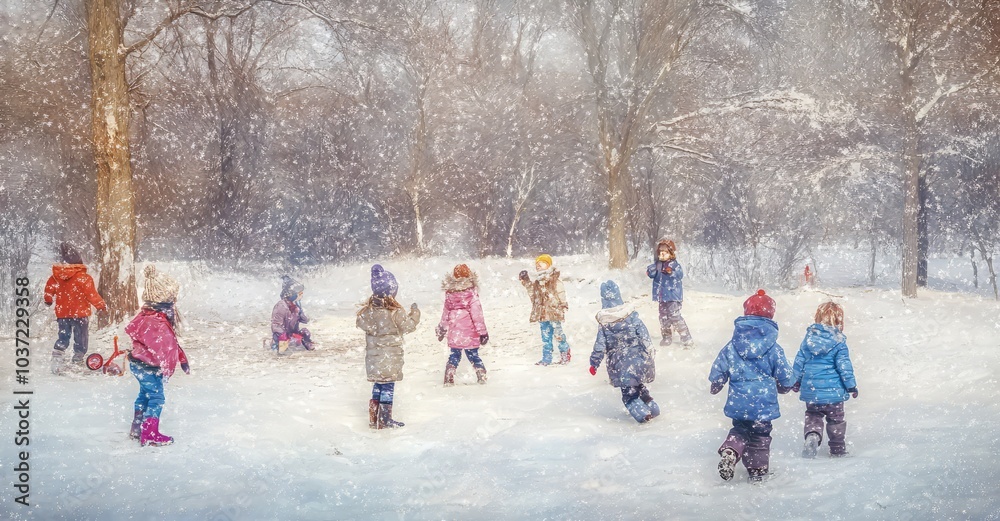 Children Playing in Winter Park. AI generated illustration. Children Playing in Winter Park. AI generated illustration.